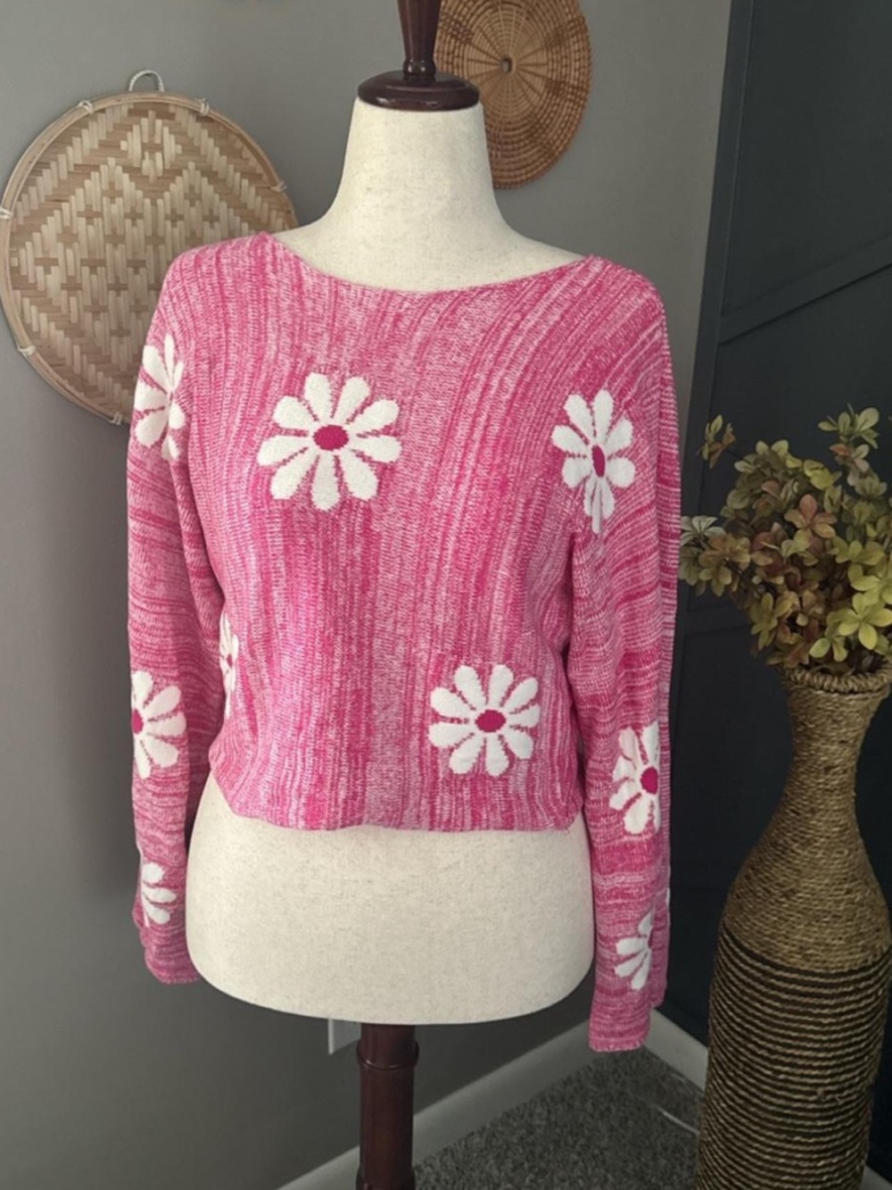 ALTER'D State Pink Daisy crop Sweater - Floral knit coquette cottagecore boho